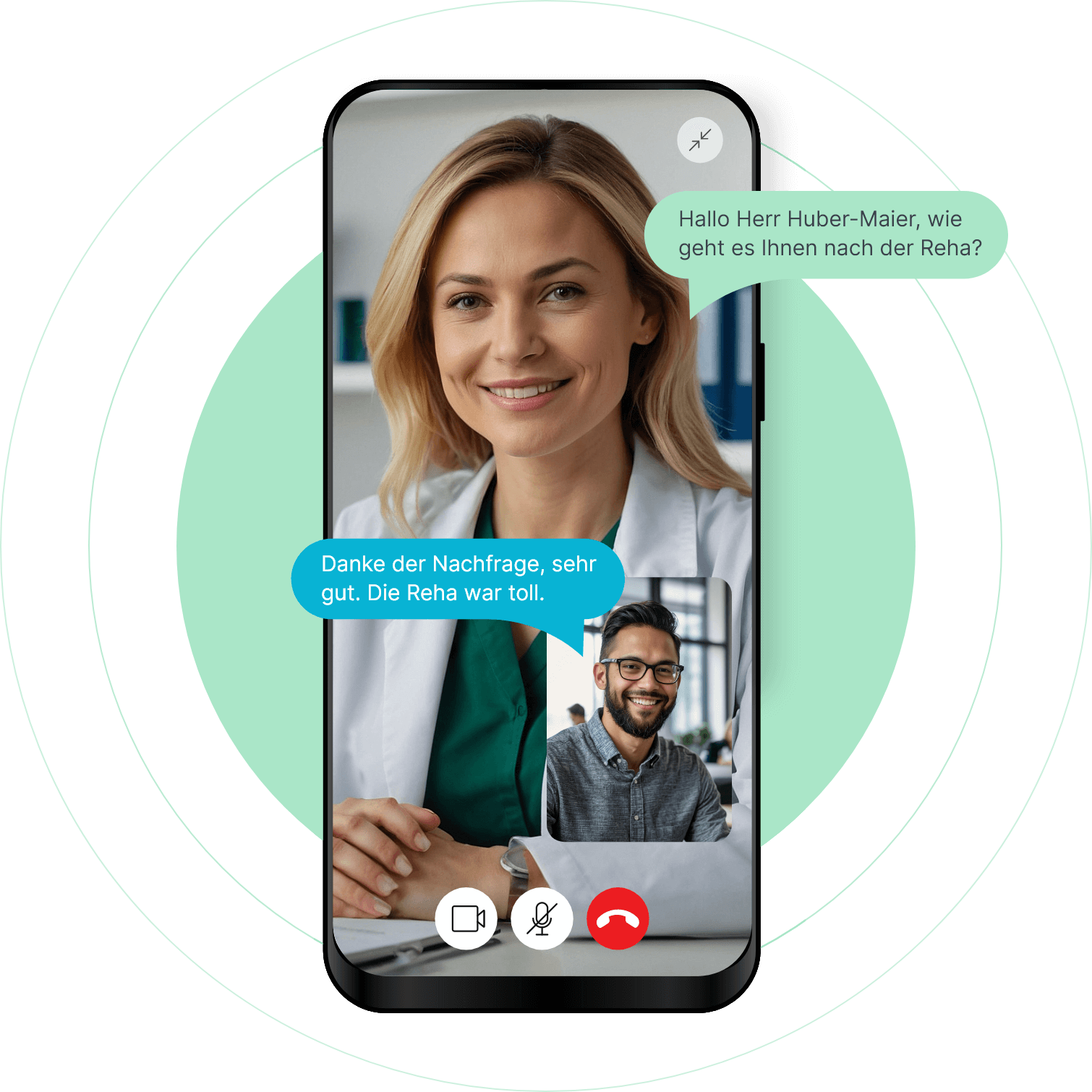 Bild von Smartphone mit Gespräch Ärztin Patient